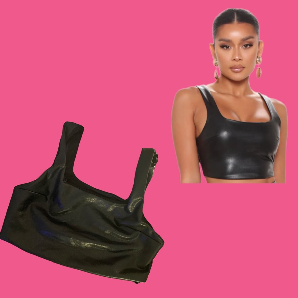 (Size S) Y2K Black Faux Leather Crop Tank Top